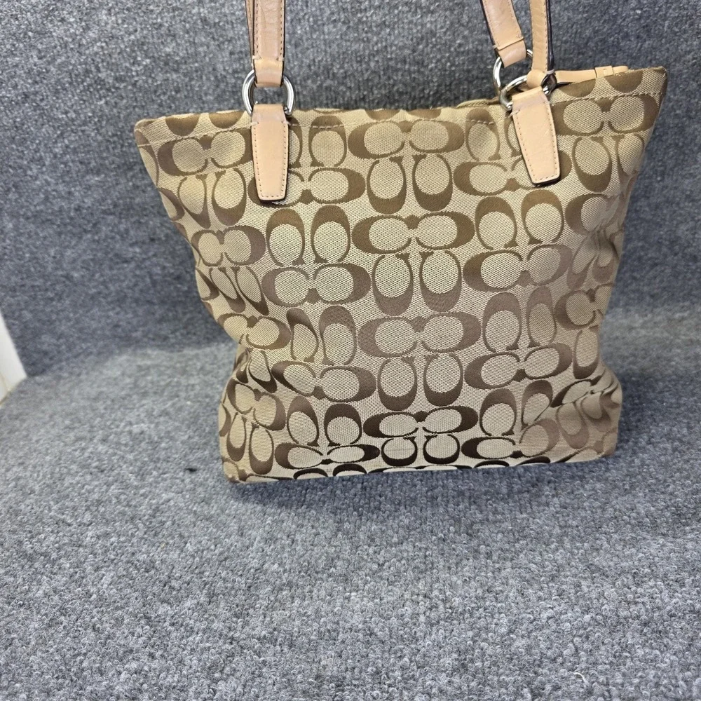 Coach Signature Stripe Tote Khaki Pink Jacquard Canvas Shoulder Bag F28504